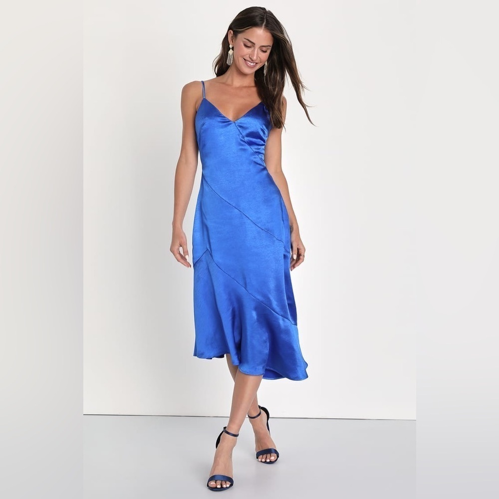NEW Lulus Instinct Cobalt Asymmetrical Slip Midi Dress Blue Satin Small NWT